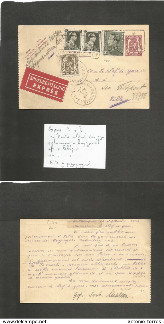 Belgium - Xx. 1940 (22 Sept) WWII. Antwerpen - Lille, France. Express Postal Service 40c Lilac Stat Card + 4 Adtls Tied  - Autres & Non Classés