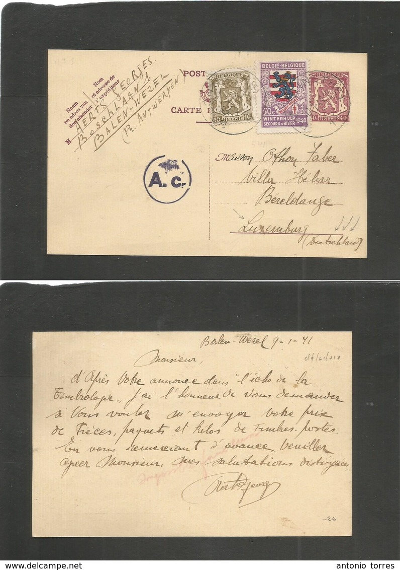 Belgium. 1941 (9 Jan) Balen Wezel - Luxemburg, Bereldange (anoted Germany!) 40 Cts Lilac Stat Card + 2 Adtls Incl Winter - Autres & Non Classés