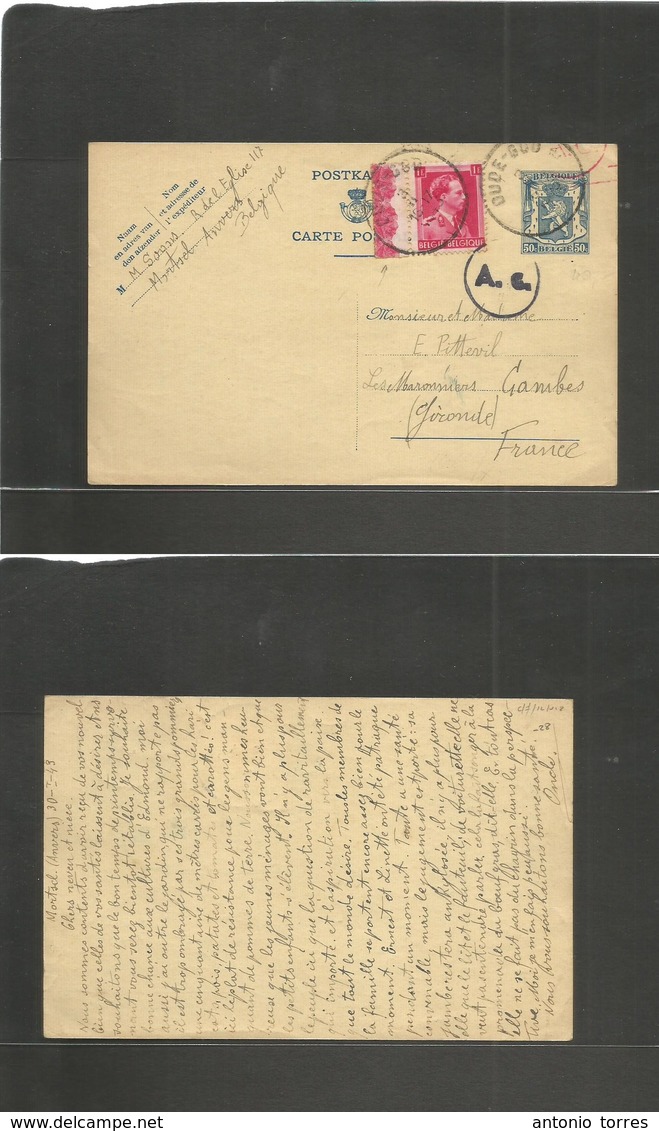 Belgium - Xx. 1943 (30 Jn) Mortsal / Anvers - France, Gambes, Gironde. 50c Blue / Cream Stat Card + Adtl With Margin Bor - Sonstige & Ohne Zuordnung