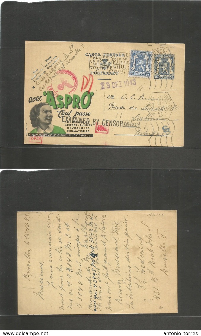 Belgium - Xx. 1943 (15 Dec) O.L.A Bruxelles - Portugal, Lisbon. 50c Blue Advertising Aspro Color Illustrated Stat Card + - Altri & Non Classificati