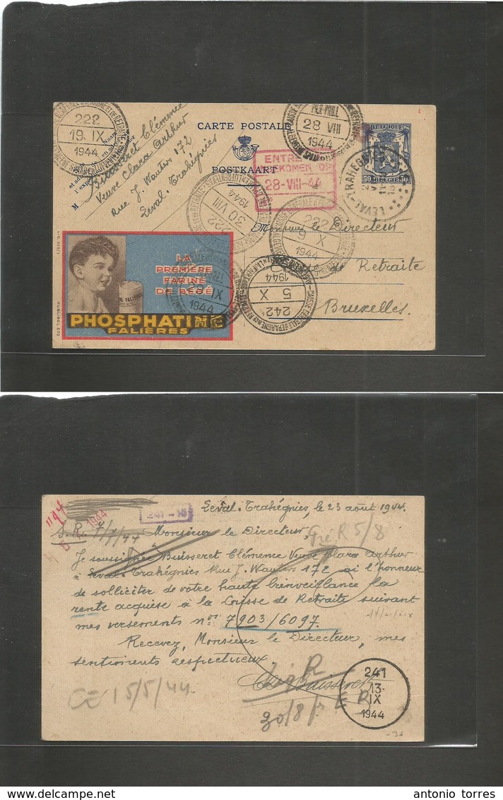 Belgium - Xx. 1944 (23 Aug) Leval, Trahegries - Bruxelles. 50c Blue Advertising Illustrated Phosphatine Stat Card. Well  - Autres & Non Classés