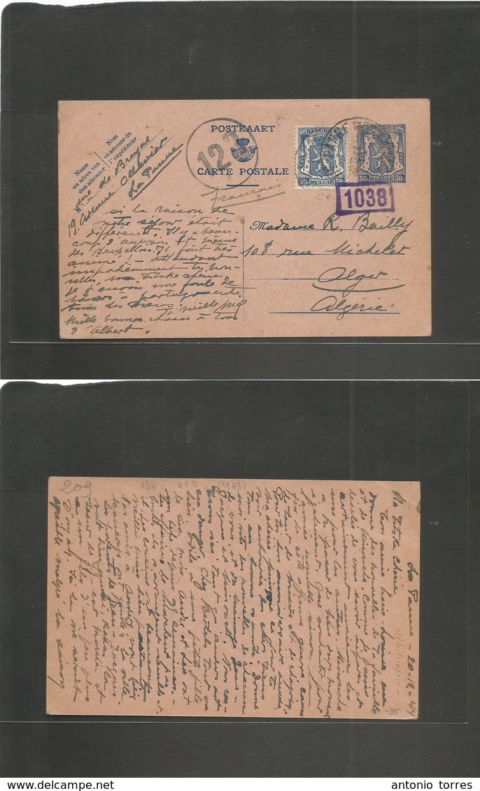 Belgium - Xx. 1944 (20 Dec) La Panne - Algeria, Alger 50c Blue / Pmk Stat Card + Adtl. Tied WWII + Censored + Destinatio - Autres & Non Classés