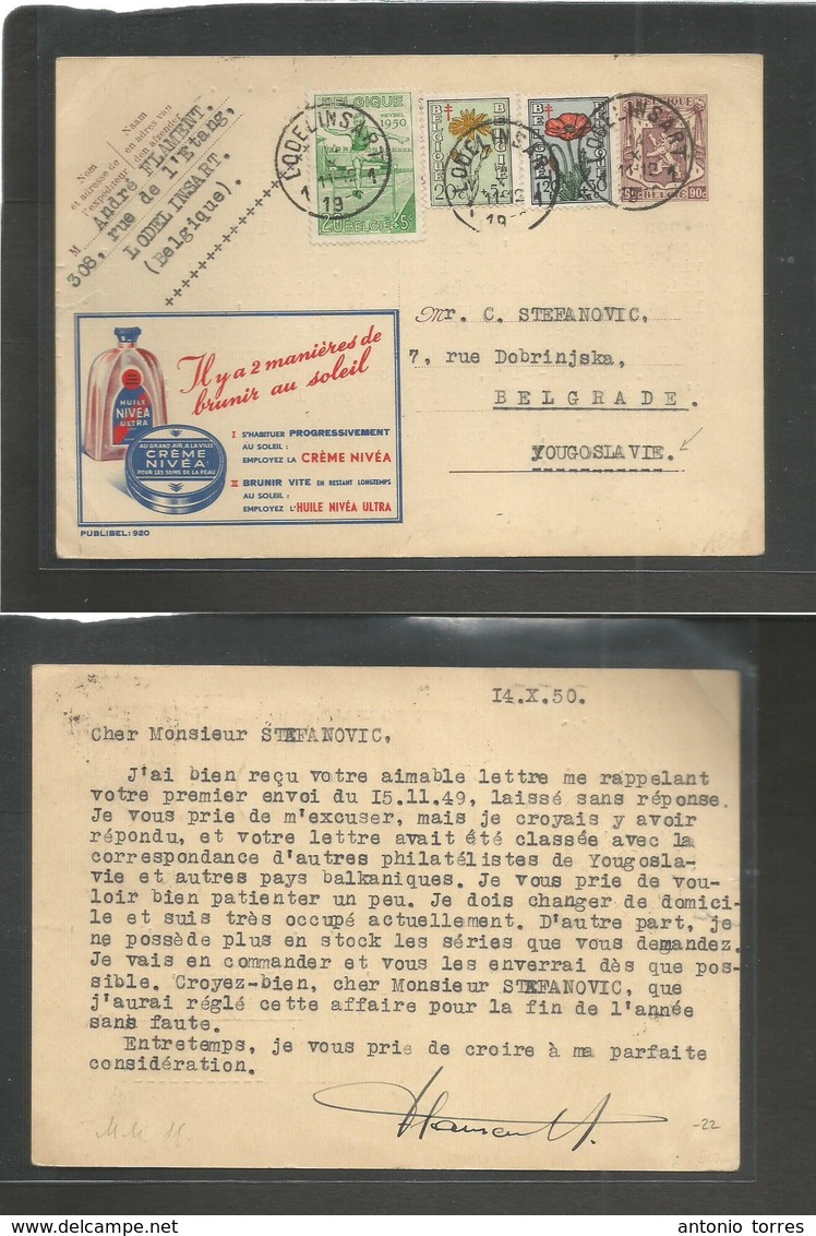 Belgium - Xx. 1950 (14 Oct) Lodelinsart - Yougoslavia, Belgrade. Advertising Nivea Cream 80 Cts Brown Stat Card + 3 Adtl - Sonstige & Ohne Zuordnung