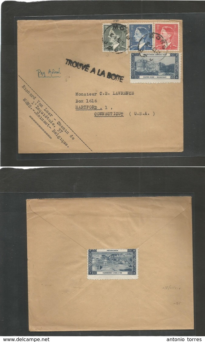 Belgium - Xx. 1953 (20 Jan) Mons - USA, CF, Hartford. Multifkd Env + T-label Castle Clemskerke (Born + Trouve A La Boite - Autres & Non Classés