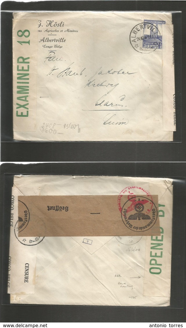 Belgian Congo. 1941 (24 Oct) Albortville - Switzerland, Glarus. Single Fkd Envelope With Triple Censor Labels, Depart +  - Autres & Non Classés