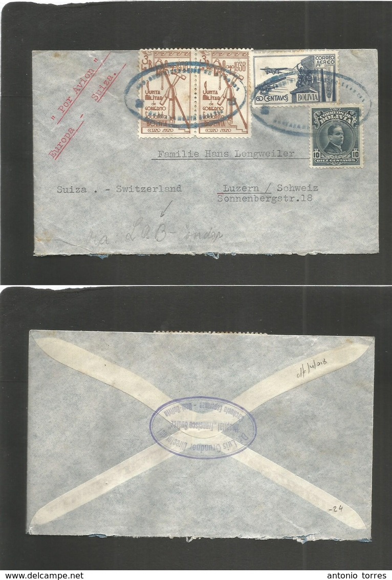 Bolivia. 1936. Cachuela Esperanza, Hospital Francisco Suarez - Switzerland, Luzern. Air Multifkd Env Special Stamps Oval - Bolivie