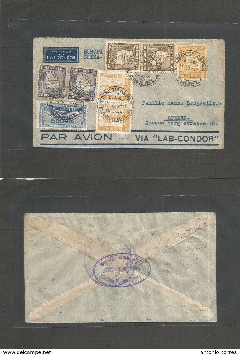 Bolivia. 1938 (15 June) Cachuela - Switzerland, Luzern. Via LAB - Condor. Multifkd Airmail Usage Envelope. VF + Rare LAB - Bolivie