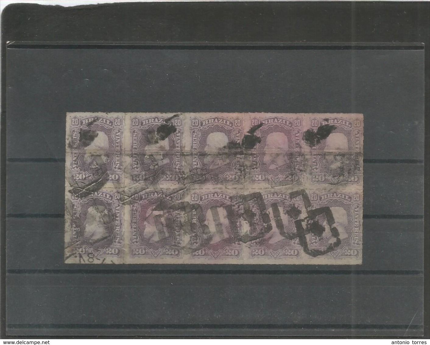 Brazil. 1878-9. Sc. 69. 20rs Lilac Perce. Used Block Of 10, Box Cork Symbol Cancel, Light Hong Filing Crease As Applied  - Autres & Non Classés