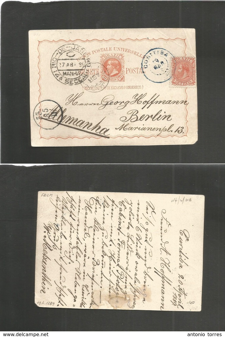 Brazil -Stationary. 1889 (20 April) Curitiba - Berlin, Germany (18 May) 80rs Orange Stat Card + Adtl Cds. Via RJ. Fine. - Autres & Non Classés