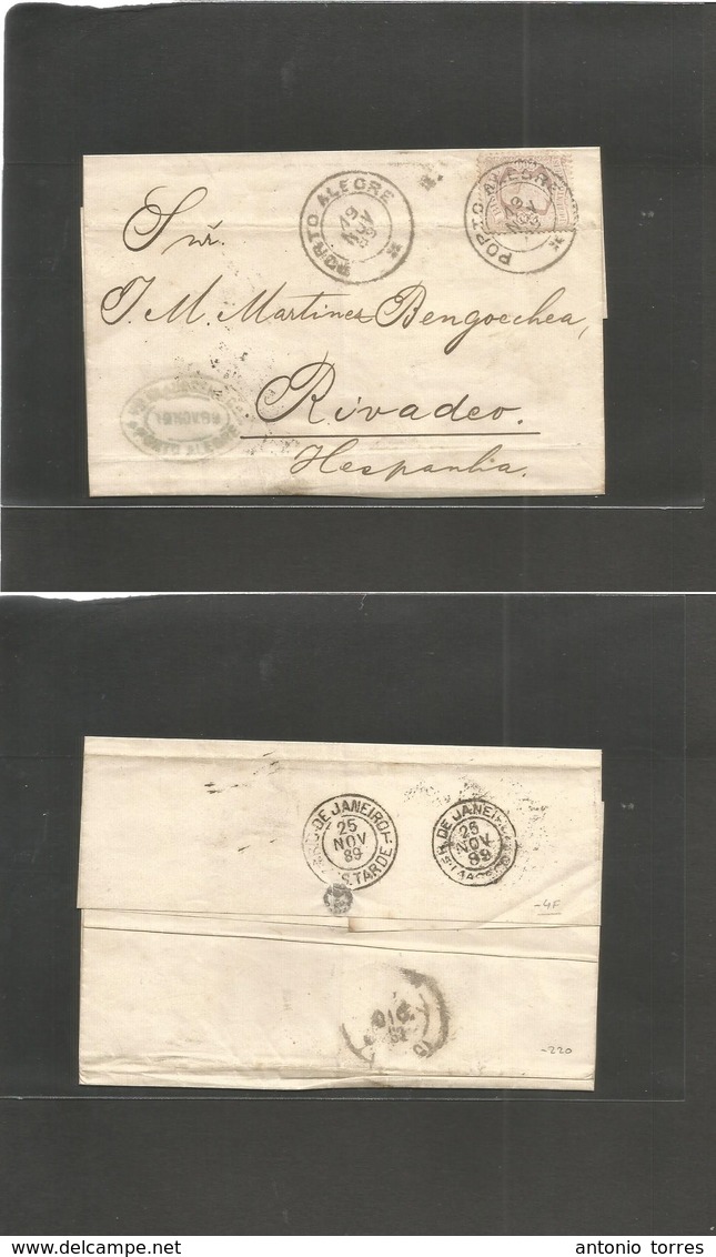 Brazil. 1889 (19 Nov) Porto Alegre - Spain, Rivadeo. EL Fkd Small D. Pedro 200rs Lilac, Cds + Via RJ + Arrival Cachet. B - Autres & Non Classés