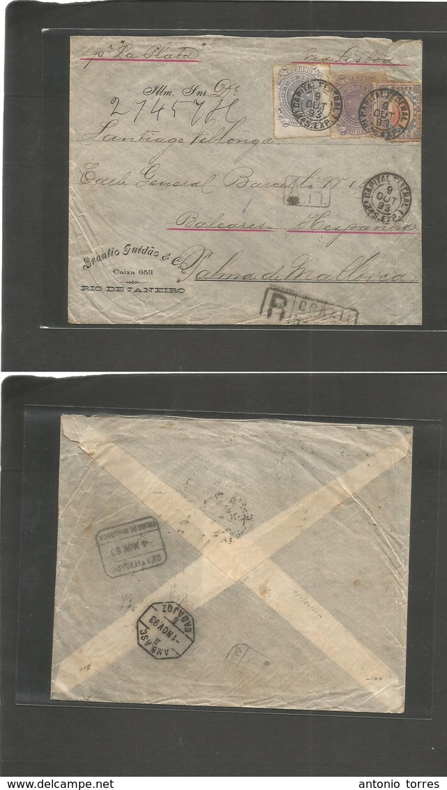 Brazil. 1893 (9 Oct) RJ - BaLearic Islands, Palma Mallorca, Spain (4 Nov) Registered AR Multifkd Envelope Mixed Issues.  - Autres & Non Classés