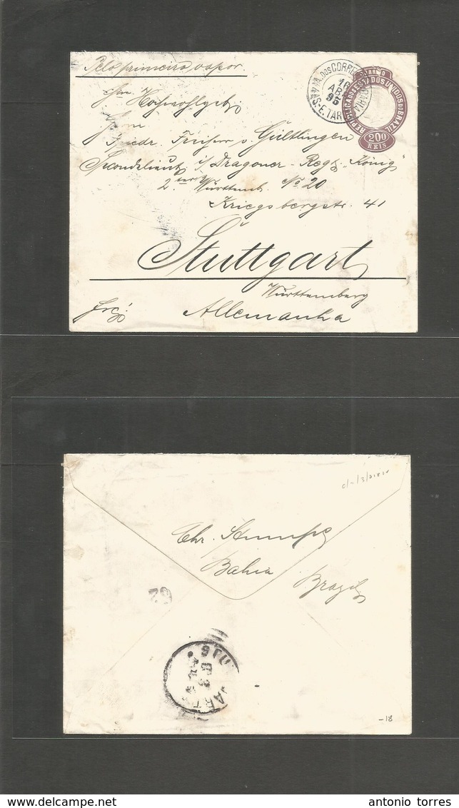 Brazil -Stationary. 1895 (16 April) Bahia - Germany, Stuttgart (8 March) 200 Rs Lilac Stat Envelope. VF Used. Via Steame - Autres & Non Classés