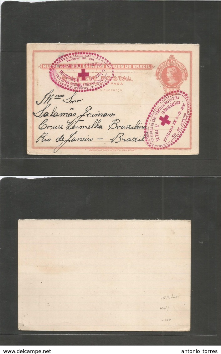 Brazil -Stationary. C. 1908-13. Brazil Red Cross. 50rs Red-rose Stat Card, Doble Oval Cacheted On Local Usage. VF. - Autres & Non Classés