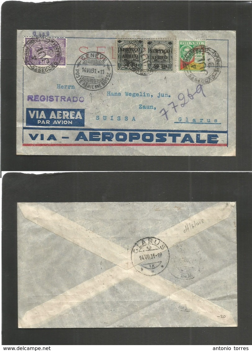 Brazil - Xx. 1931 (4 July) Pernambuco - Switzerland, Glarus. Via Geneve (14 July) Air Aeropostale Multifkd Ovptd Issue + - Autres & Non Classés
