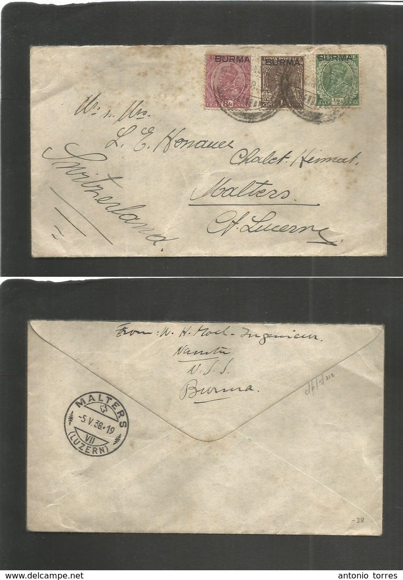 Burma. 1938 (April) Nanitu - Switzerland, Malters (5 May) Overprinted British India Issue. Tricolor Fkd Envelope. Fine. - Birmanie (...-1947)