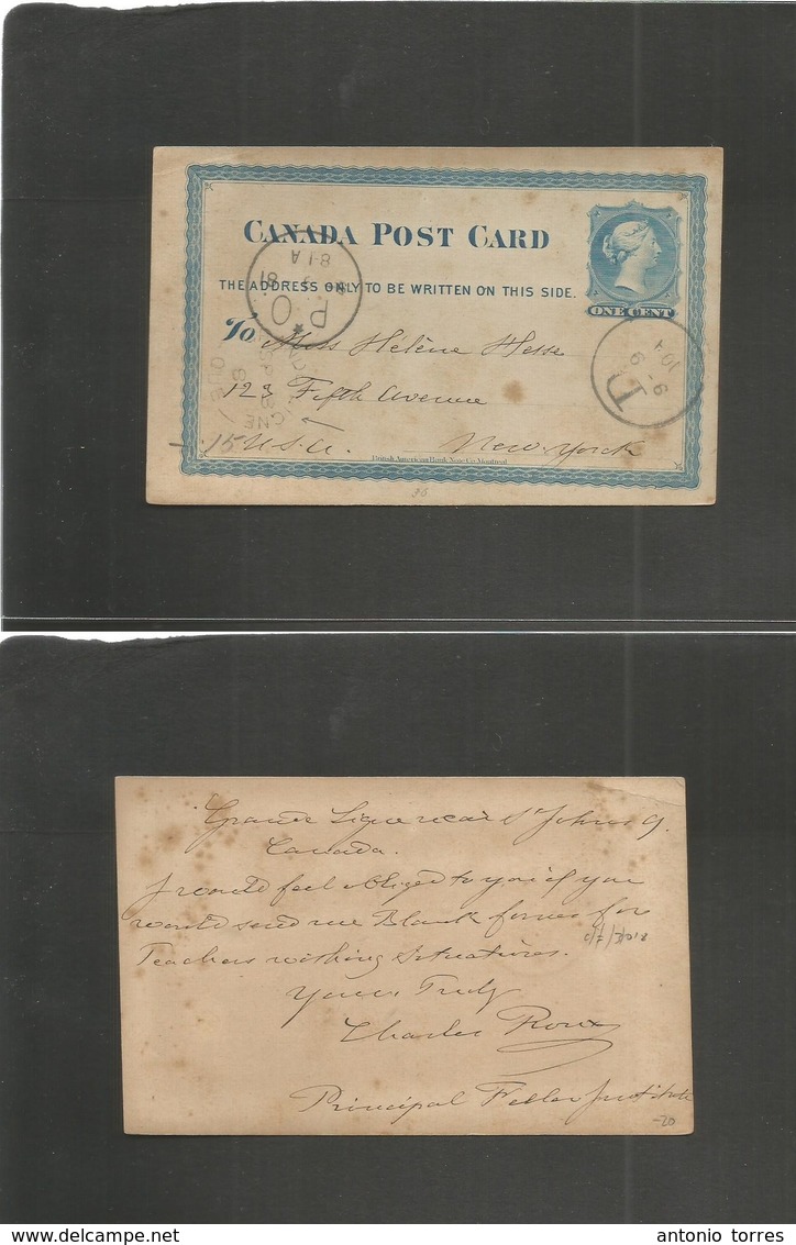 Canada. 1881 (8 Sept) Grand Ligne, Quebec - USA, NYC (9 Sept) 1c Blue Large Queen Stat Card. Fine Used. - Autres & Non Classés