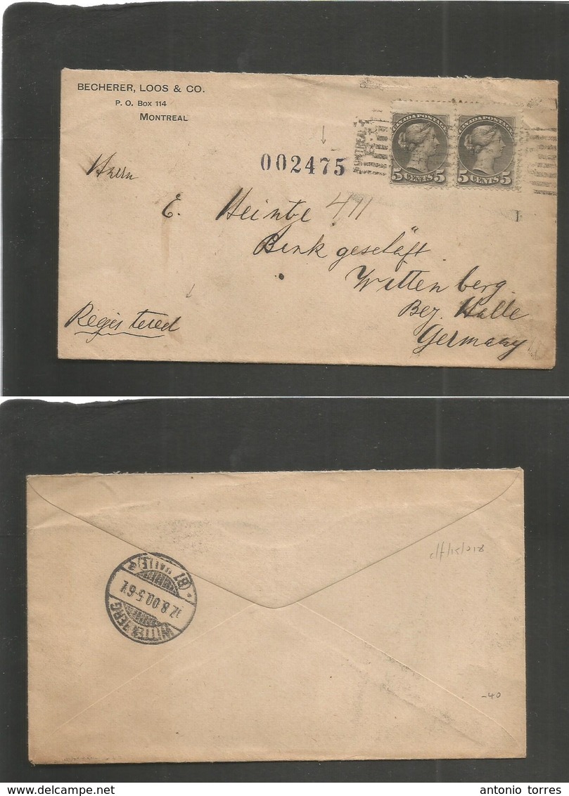 Canada. 1900 (July) Montreal - Germany. Wittenberg (12 Aug) Registered Fkd Envelope Small Queen Head Issue. 5c Pair. Fin - Autres & Non Classés