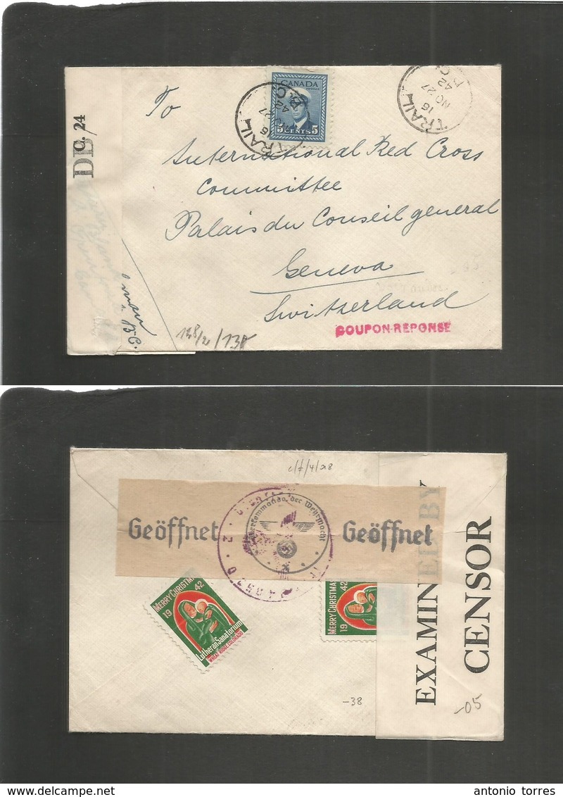 Canada. 1942 (27 Nov) Trail, BC - Switzerland, Geneva. Single 5c Blue Fkd Env + Dual Censored + "reply Coupar" Endorsed  - Autres & Non Classés