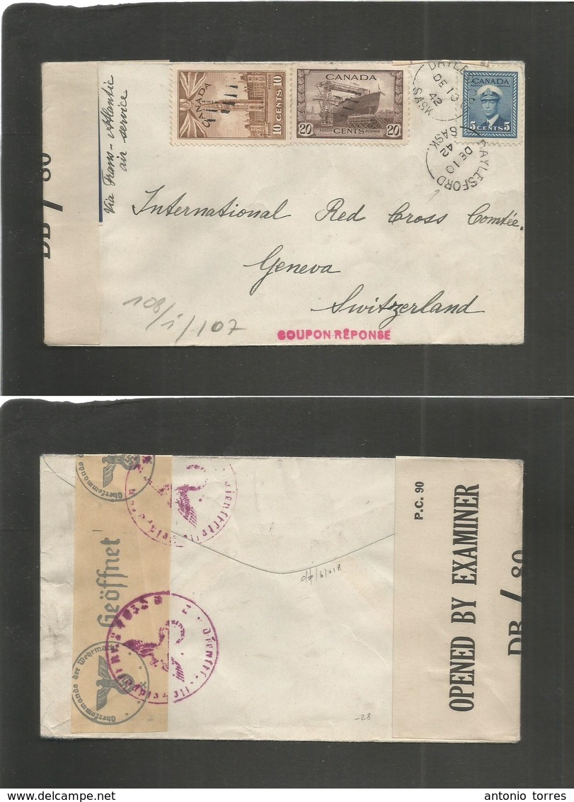 Canada. 1942 (Dec 10) Daylesford, Sask - Switzerland, Geneva. POW Internees Mail. Multifkd Censored Envelope + Small Vil - Autres & Non Classés
