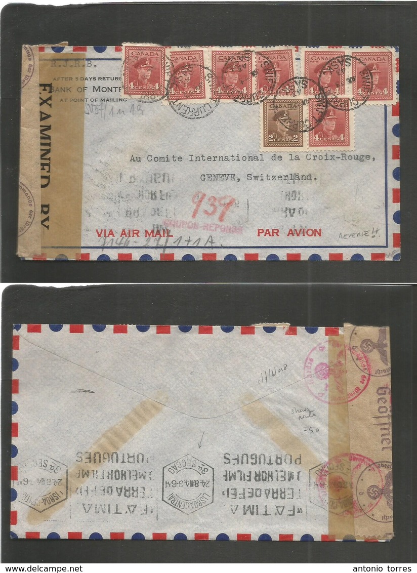 Canada. 1943 (23 July) Swift Current, Sask - Switzerland, Geneva. Air Multifkd POW Mail Envelope + US + Nazi Censored Wi - Autres & Non Classés