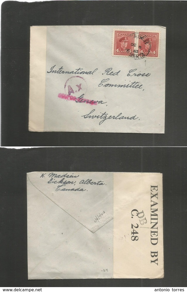 Canada. 1943 (Oct 10) Dickson, Aberi, Alberta - Switzerland, Geneva. Fkd + Censored Internee POW Mail + Origin. Fine. - Andere & Zonder Classificatie