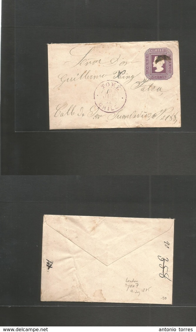Chile - Stationery. 1875 (19 July, Mns "1") Torre - Talca. London Type 7 De La Rue, 5c Violet / Ivory Stat Env. Fine Ite - Chili