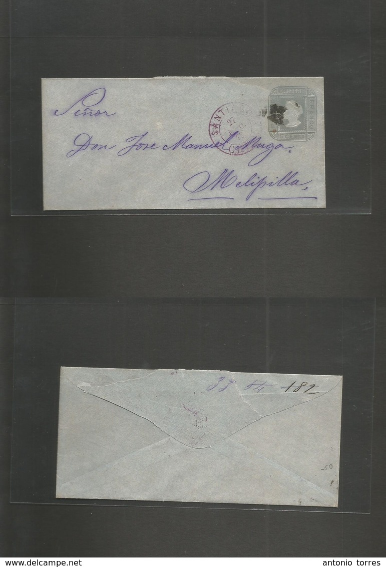 Chile - Stationery. 1877 (27 Enero) Santiago - Melpilla. 5c Grey Paris Print, 139x64mm On Bluish Plain Paper. Very Scarc - Chile