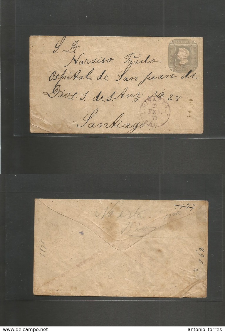 Chile - Stationery. 1877 (27 Feb) Linares - Santiago. Paris Print 5c Grey Stat Env On Ivory Plain Paper Size G. (H&G 10b - Chili