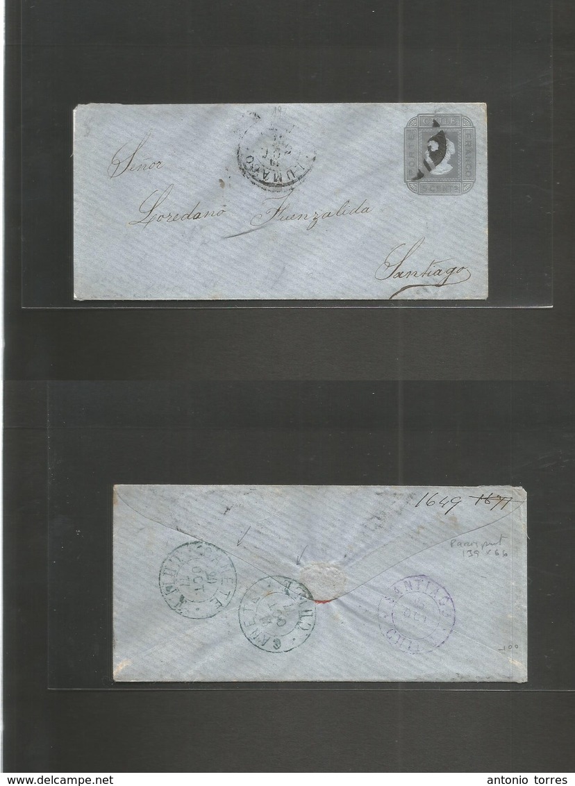 Chile - Stationery. 1877 (19 Oct) Tumaco - Stgo (25 Oct) Via Cañete. Paris Print 5c Lilac/bluish Papel Single Diagonal L - Chile