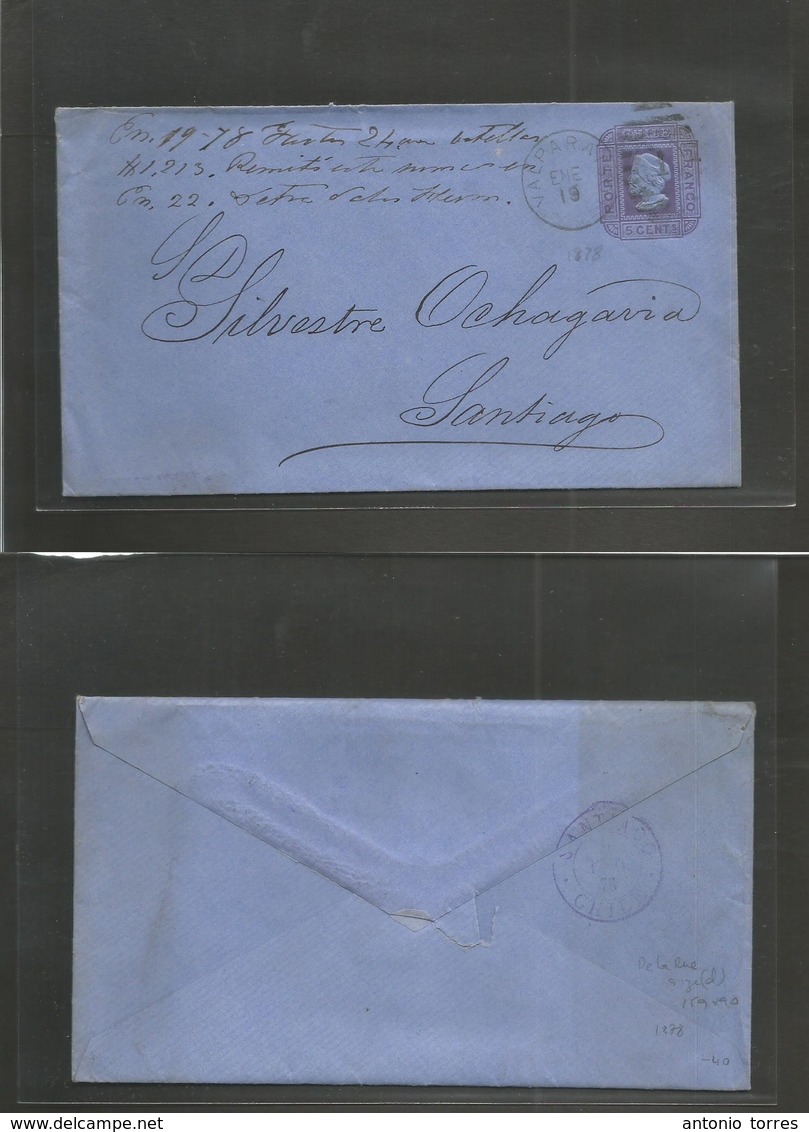 Chile - Stationery. 1878 (19 Jan) Valp - Santiago (20 Jan) De La Rue Print Size "d" 159x90. 5c Lilac / Bluish Paper With - Chile