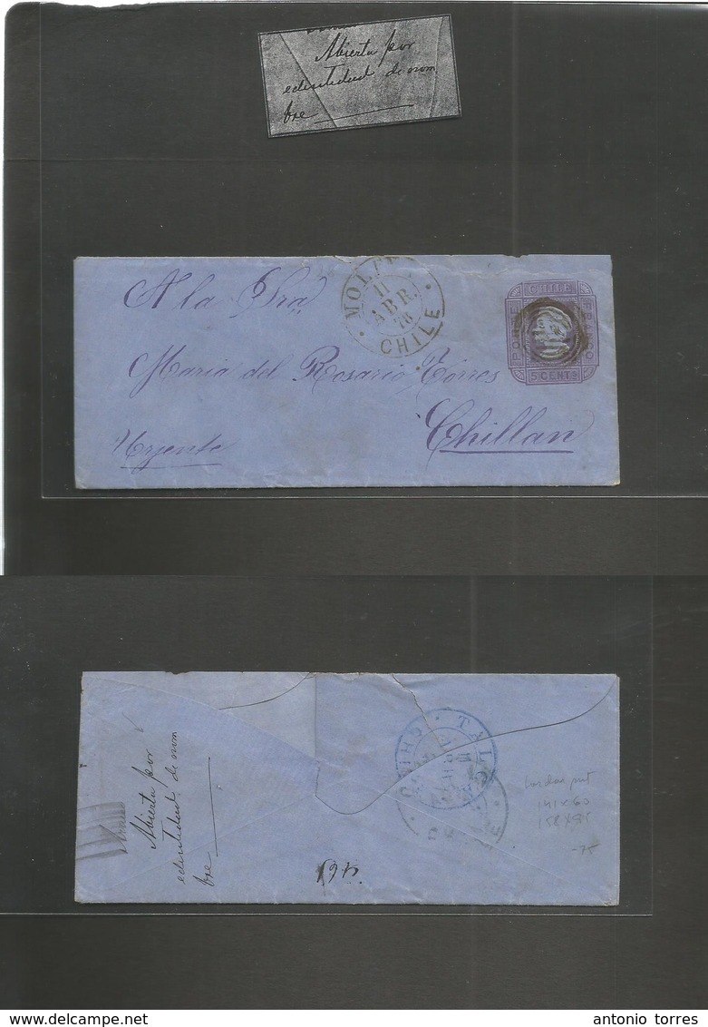 Chile - Stationery. 1878 (11 April) Reverse Text "Abierta Por Identidad De Nombre" (xxx / R) Molina - Chillan. 5c Lilac  - Chili