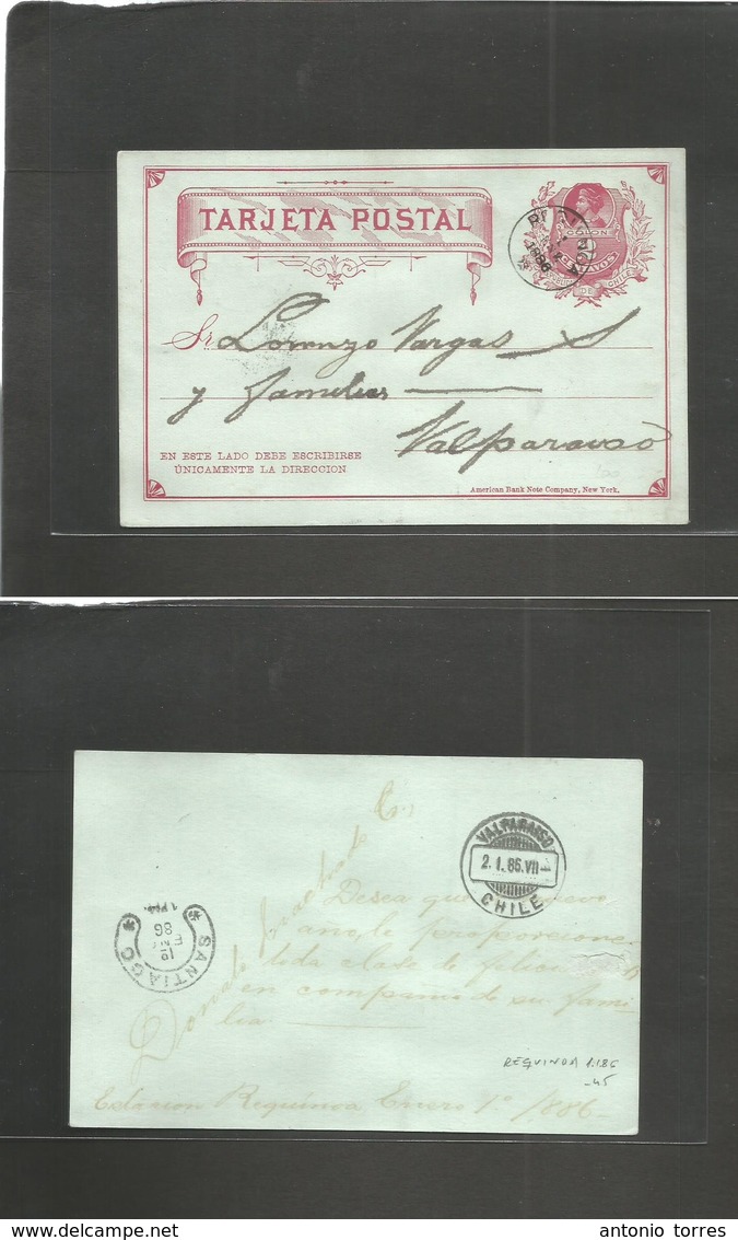 Chile - Stationery. 1886 (1 Enero) Estación Requinoa - Valp (2 Jan) Via Santiago. 2c Red Stat Card. Scarce TPO Depart +  - Chili