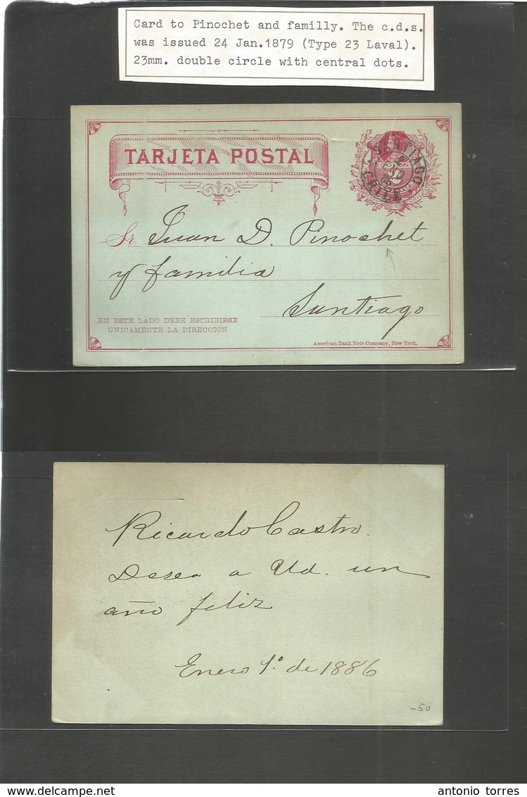 Chile - Stationery. 1886 (1 Enero) PINOCHET Family Usage. Santiago Local 2c Red / Bluish Stat Card. Early Cancel Type 18 - Chile