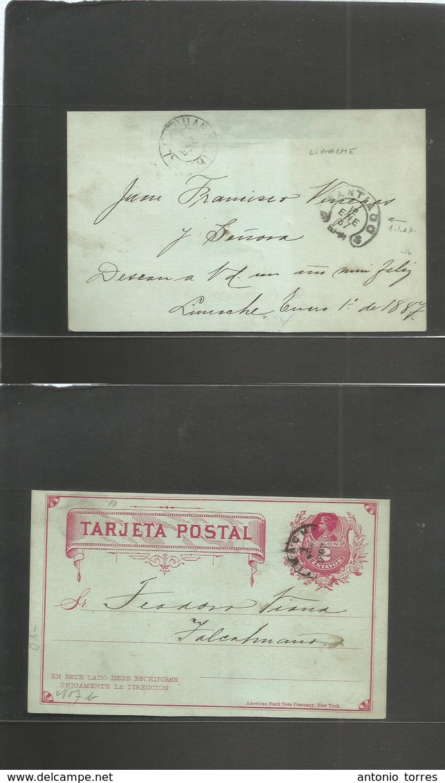 Chile - Stationery. 1887 (1 Enero) Limache - Talcahuano. Via Santiago (shoehorse Ds) All Three Cancels Dated 1-ENERO-87. - Chili