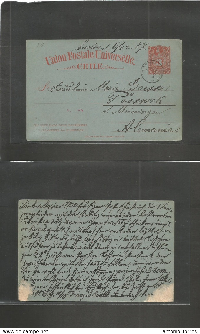 Chile - Stationery. 1887 (10-11 Oct) Osorno - Germany, Possneck. 3c Red / Bluish Stat Card. VF Early Used. - Chili