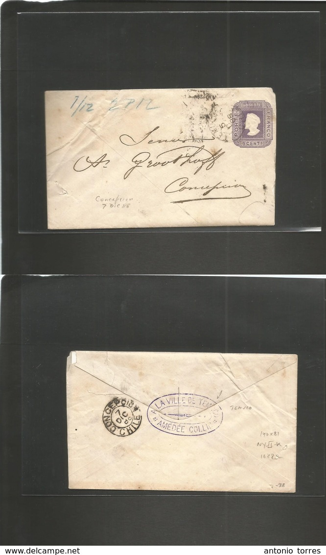 Chile - Stationery. 1888 (5 Dic) Temuco, Tome - Concepción (7 Dic) 5c Lilac On Plain Ivory Paper Prints. NY - K, Size 14 - Chili