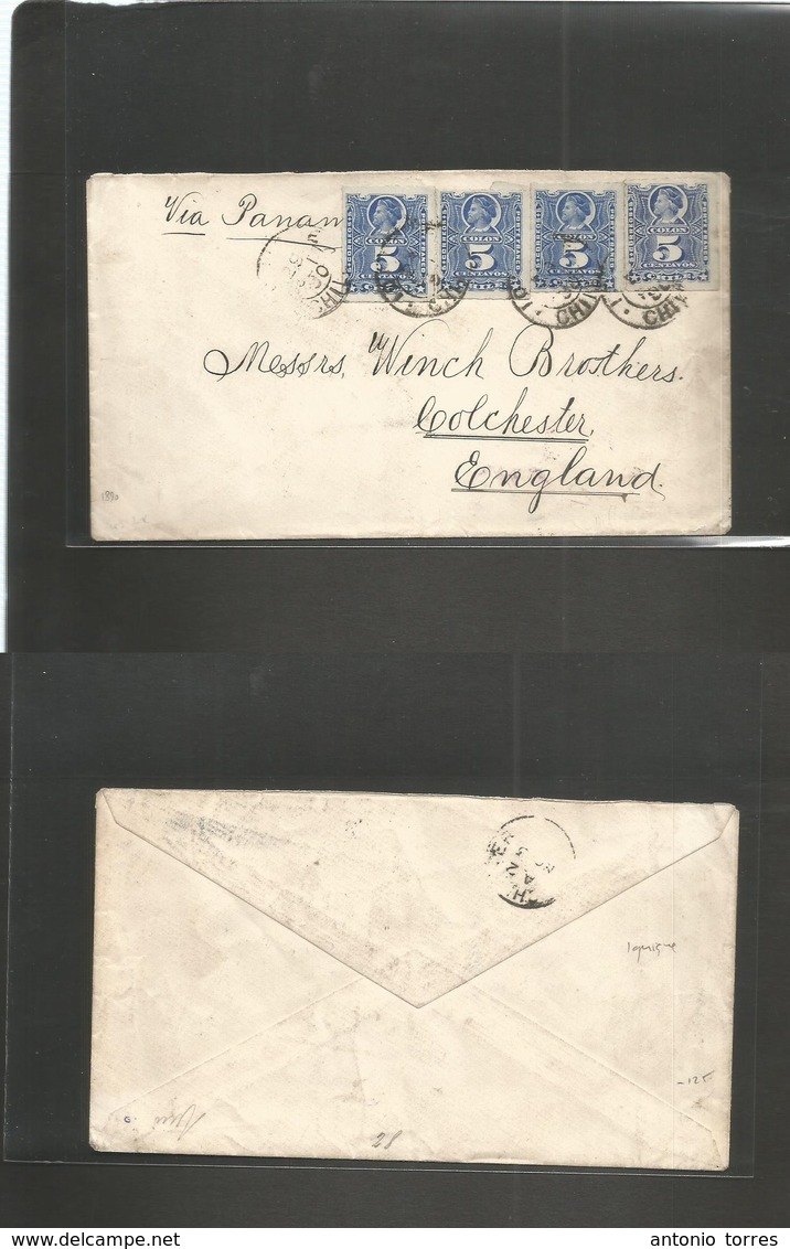 Chile. 1890 (29 Sept) Iquique - UK, Colchester (Nov 3) Via Panama. Multifkd Env 5c Blue (x4) Tied Cds. Fine Multiple Usa - Chili