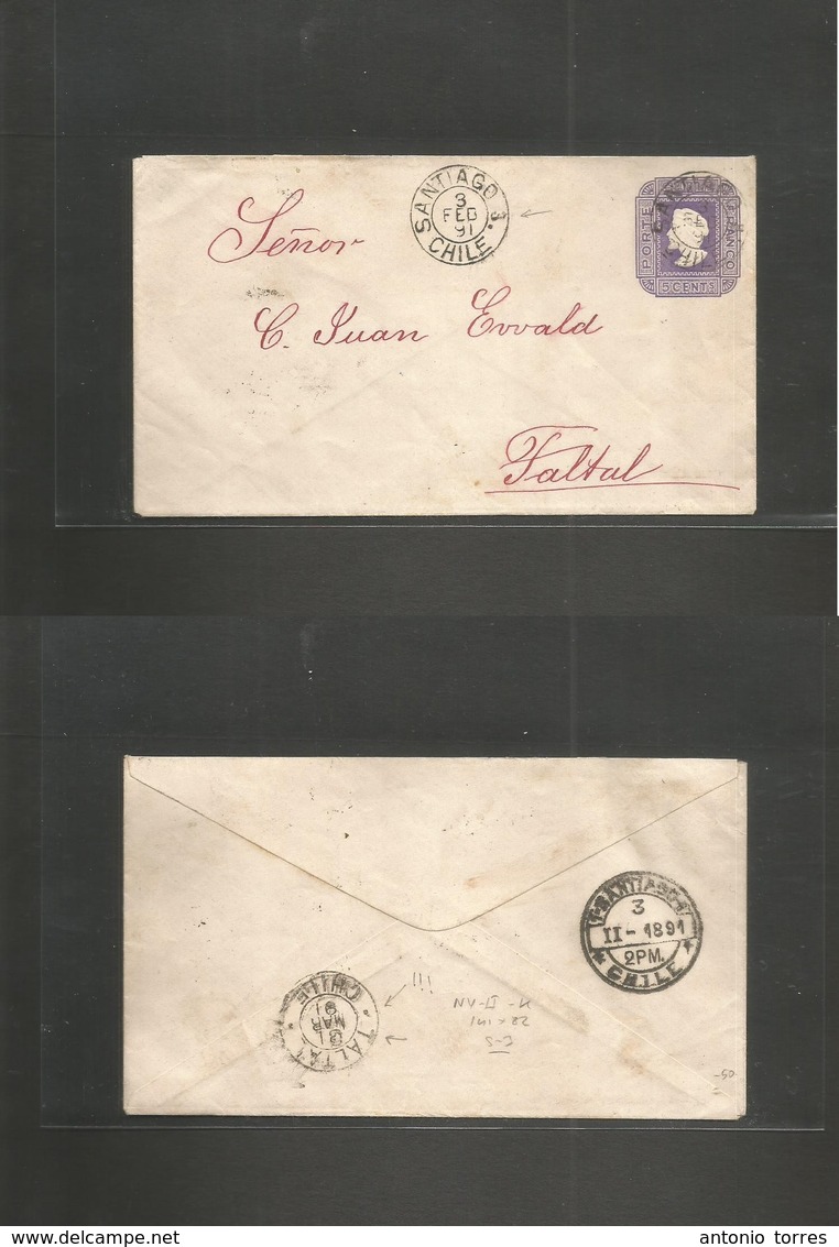 Chile - Stationery. 1891 (3 Feb) Santiago - 3 (RR) Substat - Taltal (31 Marzo 91 !!) NY - II - K Print, Size 3, 141x82mm - Chili