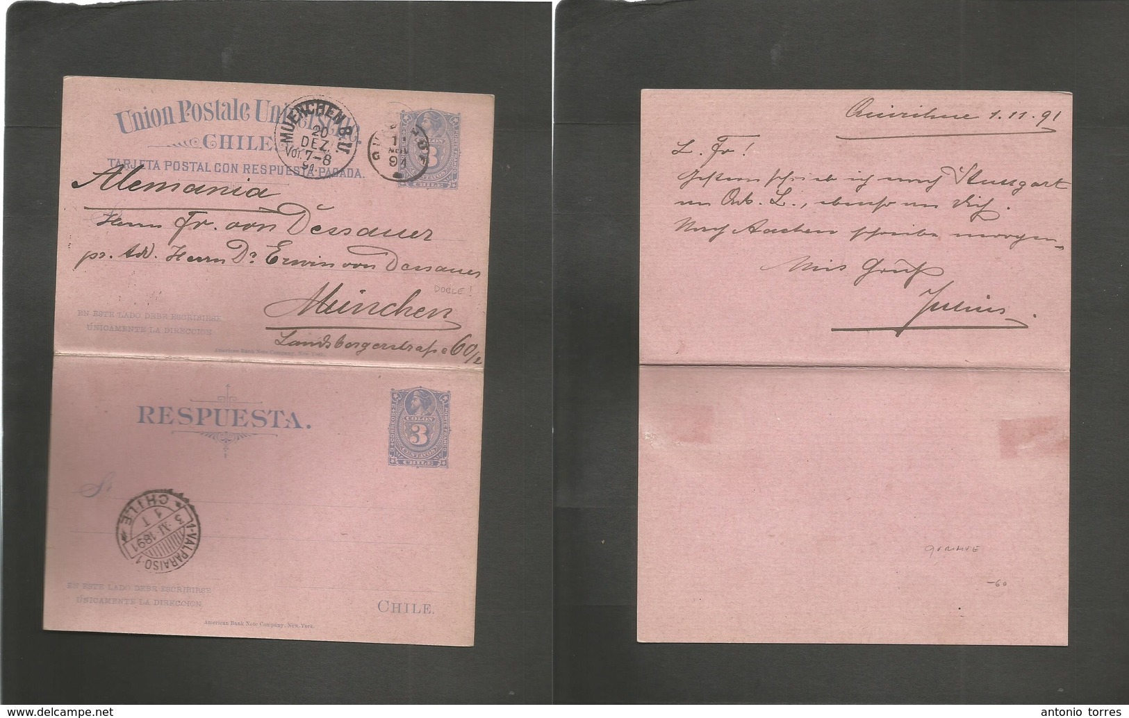 Chile - Stationery. 1891 (1 Nov) Quirihue - Germany, Munich (20 Dec) 3c Blue / Pinkish Doble Stat At Card, Missed On Way - Chili