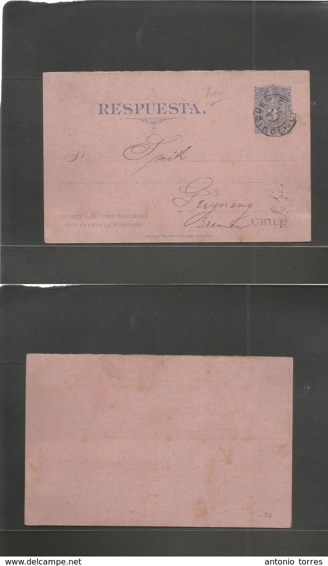 Chile - Stationery. 1891 (28 Nov) Iquique - Germany, Bremen. REPLY HALF. 3c Blue / Pink Stat Card. - Cile