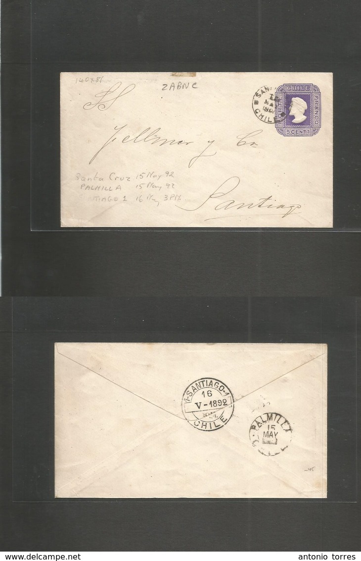 Chile - Stationery. 1892 (14 May) Santiago - Palmilla (15 May) - Santiago. 5c Lilac On Ivory Paper With Triple Lines. Re - Chili