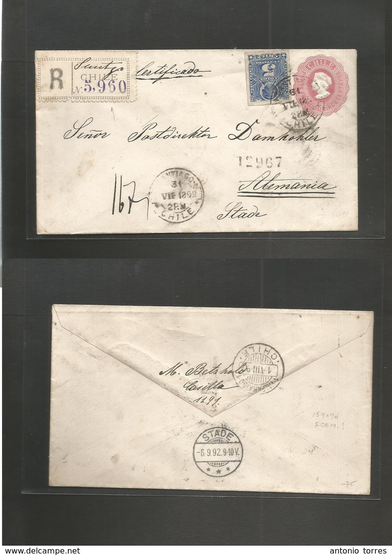 Chile - Stationery. 1892 (331 July) Santiago - Germany, Stade (6 Sept) Registered 15c Rose Stat Env + 5c Blue Perce Issu - Chili
