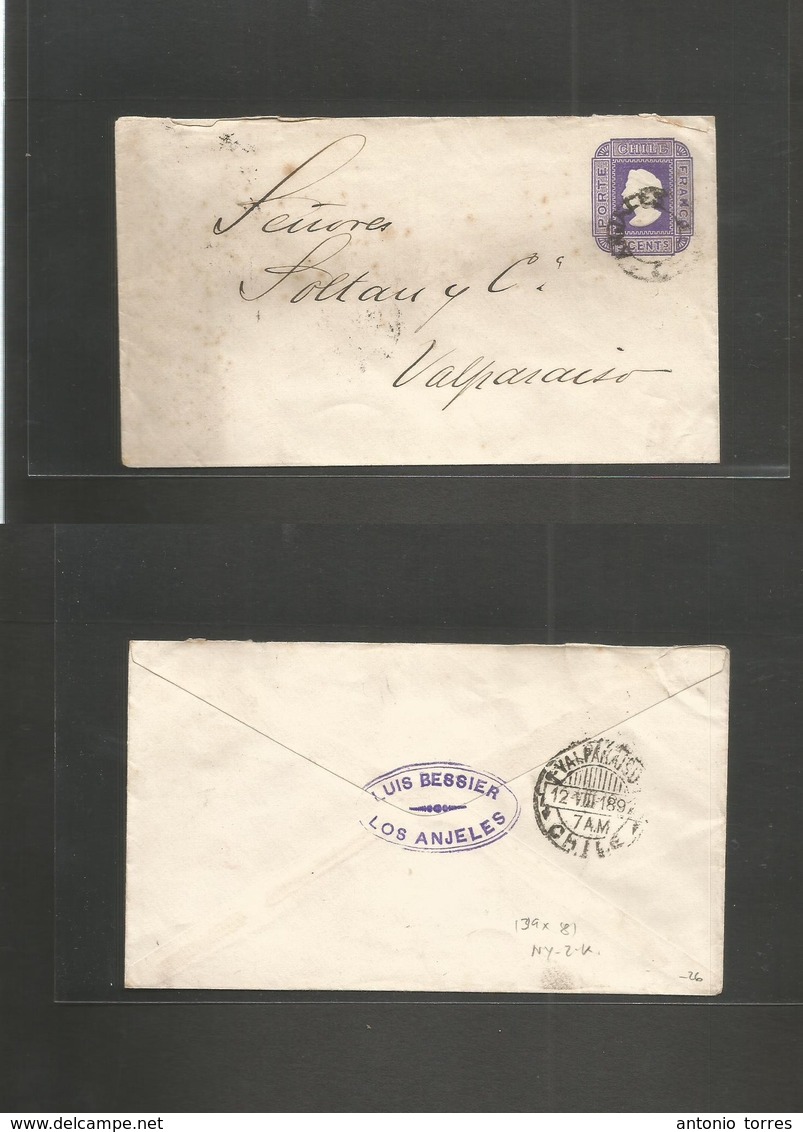 Chile - Stationery. 1892 (Aug) Los Anjeles - Valp (12 Aug) 5c Lilac Stat Env, Doble Line Wmk, NY - II - K Printer 139x81 - Chili
