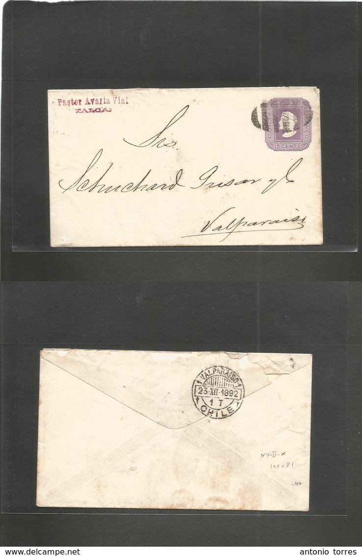 Chile - Stationery. 1892 (Aug) Talca - Valp (23 Dec) 5c Lilac On Ivory Paper, Doble Lines, Printer NY-II-K, 140x81mm, Ca - Chili