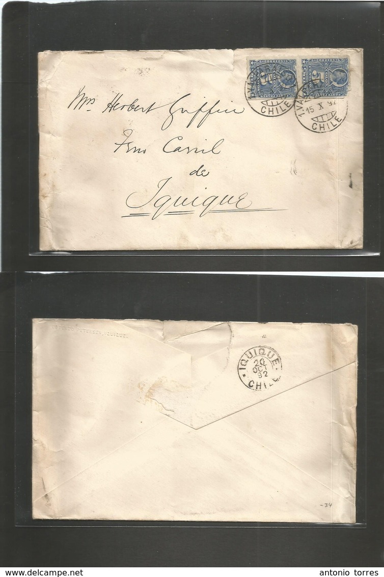 Chile. 1892 (15 Oct) Valp - Iquique (20 Oct) Fkd Local Env. Addressed To Ferrocarril Cº (x2) 5c Blue Cds. Scarce Local U - Chili