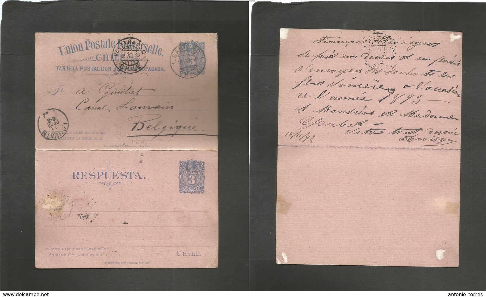 Chile - Stationery. 1892 (19 Nov) Santiago - Belgium, Louvrain (23 Dec) Doble Card 3c Blue Stat Card Used On Way Out. Fi - Chili