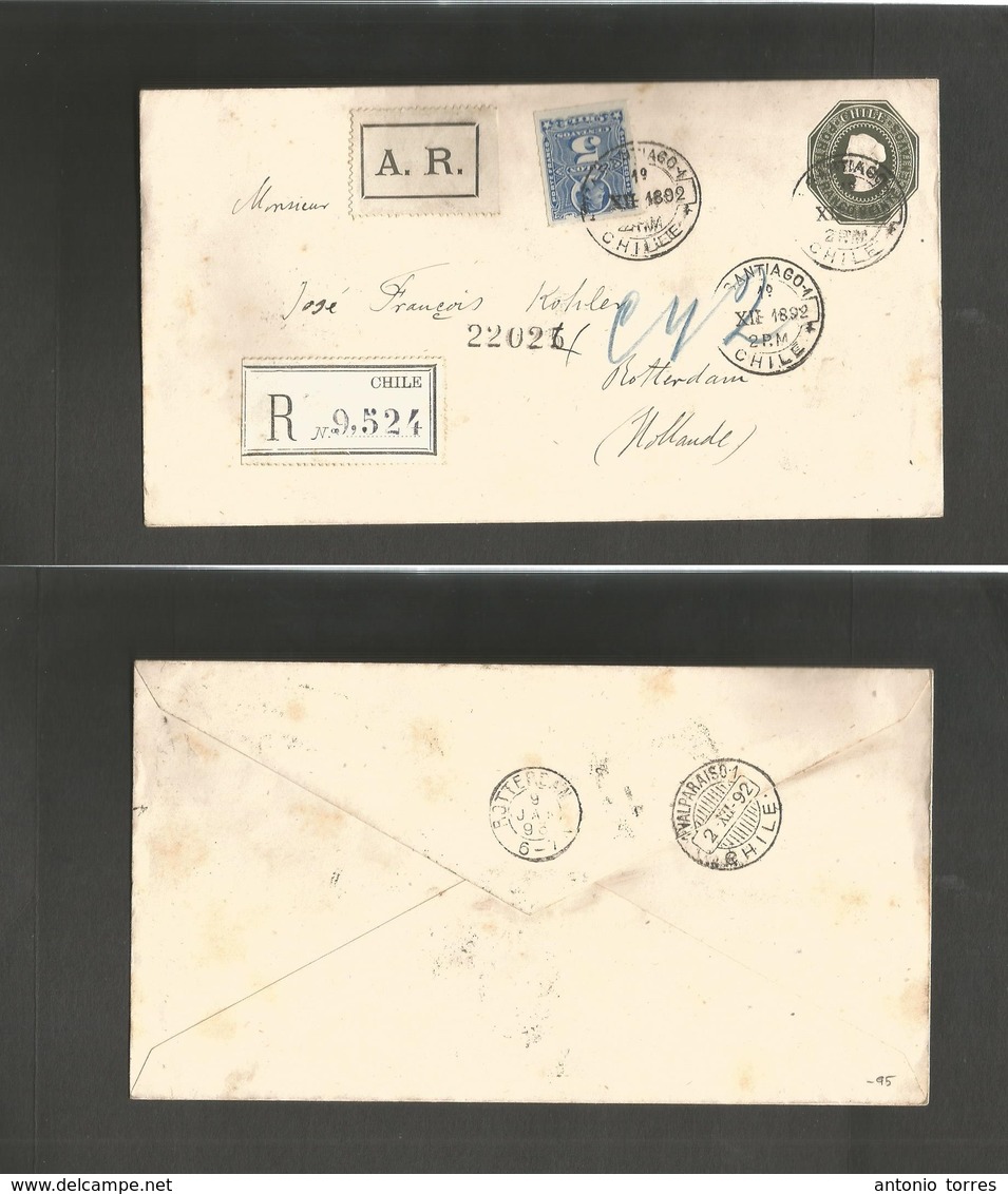 Chile. 1892 (1 Dec) Santiago - Netherlands, Rotherdam (9 Jan 93) Registered AR 20c Dark Green Color Issue Stat Envelope  - Chili