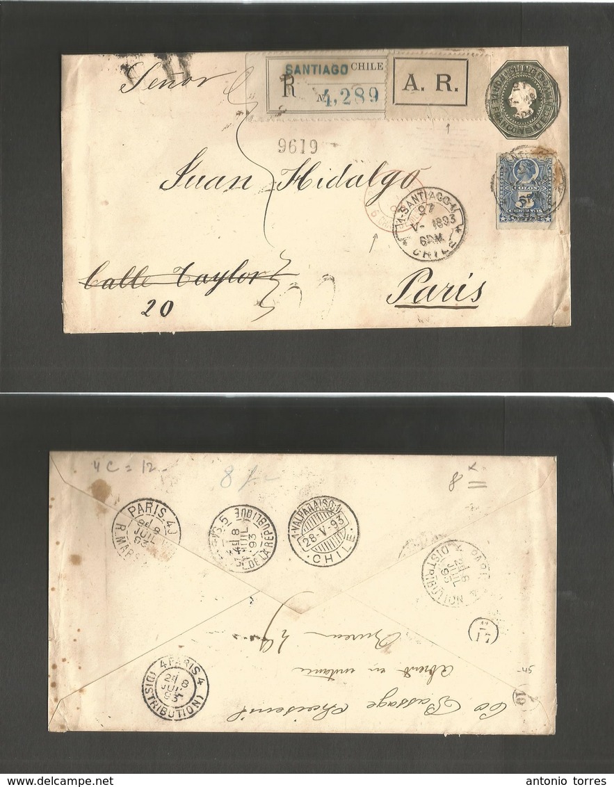 Chile - Stationery. 1893 (27 May) Santiago - France, Paris (8 July) Registered AR 20c Dark Green Stat Env + 5c Adtl, Cds - Chili