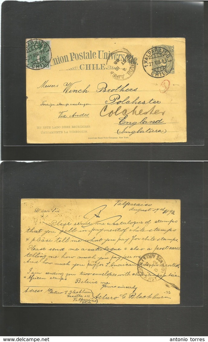 Chile - Stationery. 1893 (24 Aug) Valp - UK, Colchester, England. 2c Blue On Yellow Stationery Card + 1c Adtl, Cds Via B - Chili