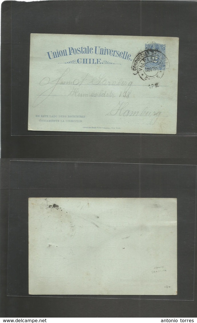 Chile - Stationery. 1893 (25 Sept) Conduccion Gratuita Valp - Germany, Hamburg 2c Blue / Greenish Stat Card. Fine Cancel - Chili